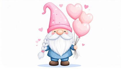 Obraz premium A little cute cartoon gnome with a pink hat and a long white beard holds a bunch of balloons in the shape of hearts against a white background. Holiday and love atmosphere