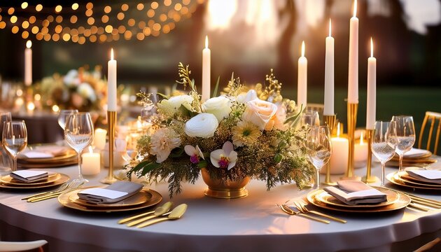 elegant wedding table centerpiece with flowers candles and gold accents event decor party