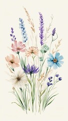 Naklejka premium Soft Watercolor Wildflower Illustration in Pastel Shades on Light Background