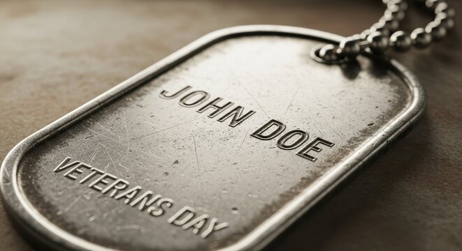 Veterans Day remembrance displays worn military dog tag engraved with name. Veterans Day object embodies dedication and service, showing metal tag with chain on neutral backdrop.