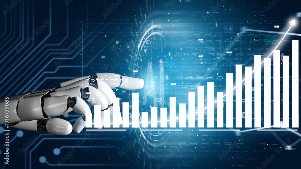 Poster a robotic hand reaches out toward a digital graph, symbolizing growth and innovation in technology. 
