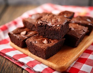 Fototapeta premium delicious chocolate kiss brownies on a wooden board with red gingham napkin