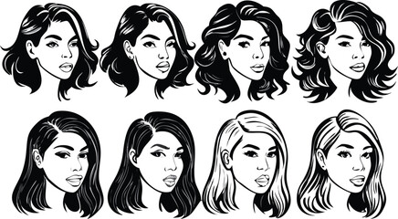 Diverse Women Portraying Elegant Hairstyles Artistic Black and White Line Art Portrait