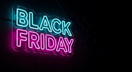 Dynamic neon sign displays BLACK FRIDAY in vibrant blue and pink illuminating a dark background creating a sense of excitement and urgency for holiday shopping deals and promotions