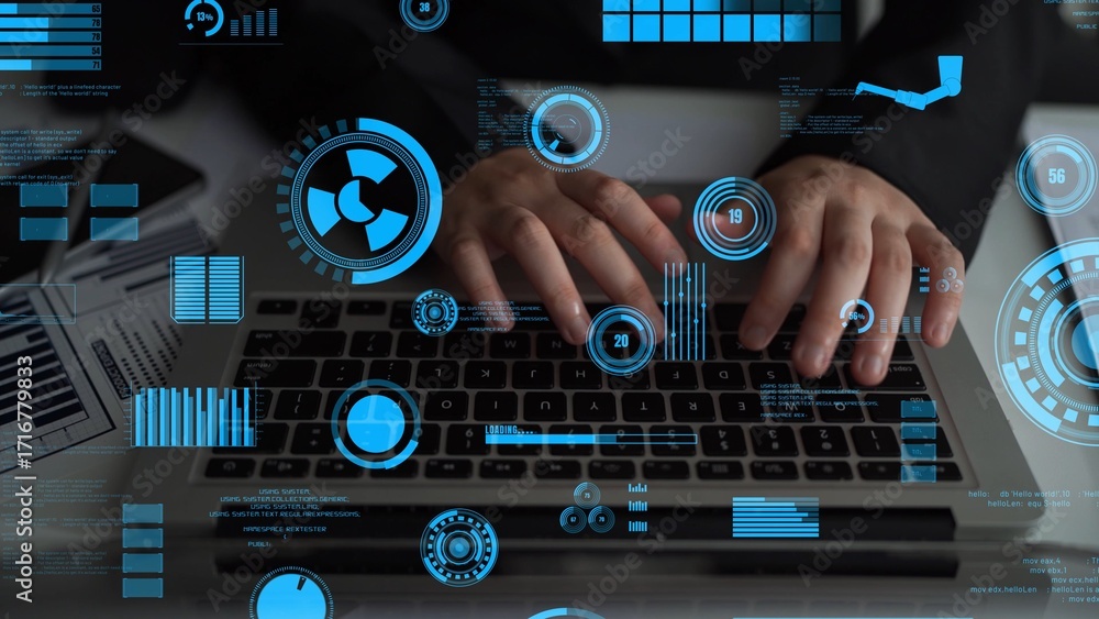 Poster a close-up view of hands typing on a laptop surrounded by vibrant digital data visualizations. this 