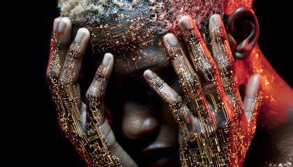 A person holds their head with hands while their skin appears embedded with intricate circuits.