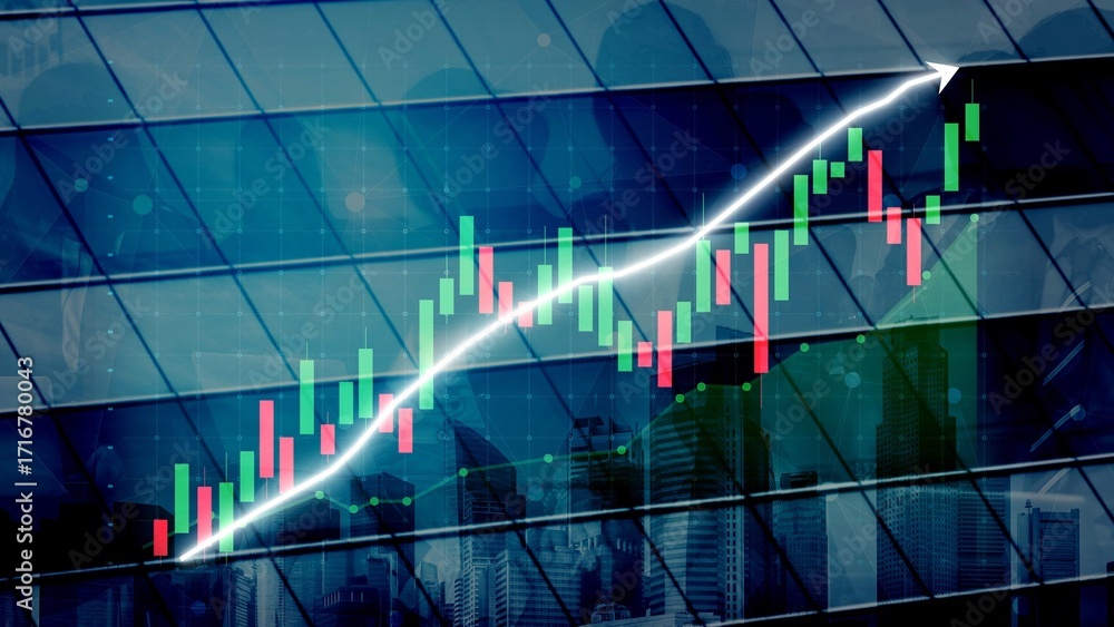 Poster this image depicts an abstract representation of stock market growth using a candlestick chart overl