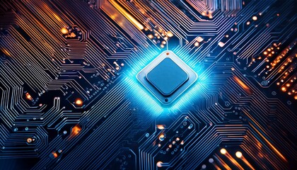 Fototapeta premium close up of glowing circuit board intricate design metallic texture innovation pattern