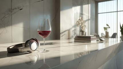 Headphones beside glass of red wine on sleek marble counter in bright interior