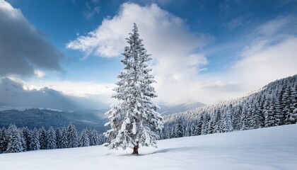 Obraz premium Tall Snow Covered Pine Tree Stands Alone In The Snowy Landscape Of Mountains And Forests Overcast With White Clouds Serene Atmosphere Holiday Pictures Or Christmas Cards
