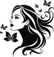 Elegant Silhouette of a Woman with Flowing Hair and Butterfly Accents Design