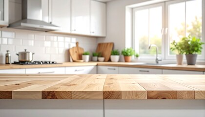 A light-filled modern kitchen's wooden countertop, showcasing a blurred background with white cabinets, fresh greenery, and natural light streaming through a large window.