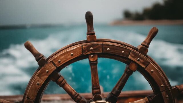 A close-up view of a weathered wooden ship's helm amidst turbulent water.