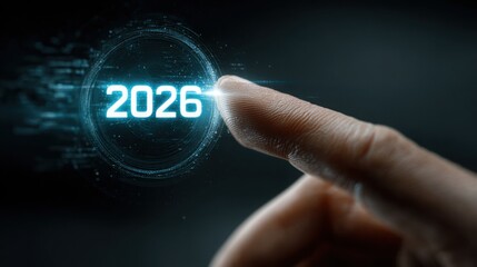 Digital interaction with futuristic display showing the year 2026 in a dark setting