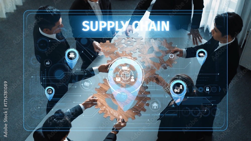 Poster a group of business professionals collaborates on a supply chain strategy, utilizing technology to e
