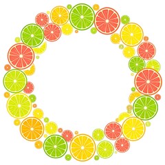 Vibrant citrus slices create a colorful circular border on a white background.