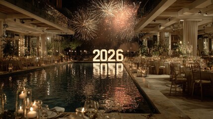 New Year's Eve celebration welcoming 2026 with fireworks and elegant decorations by the pool