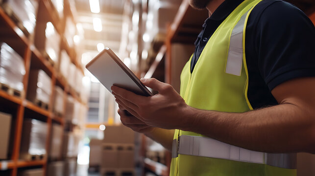 Warehouse worker uses tablet for inventory management. Streamlining operations with digital solutions. Improving efficiency and accuracy in logistics.