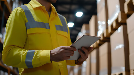 Warehouse worker using tablet, inventory management, safety vest, distribution center, logistics, efficiency, tracking packages, modern technology.