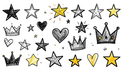 A collection of hand-drawn crowns, stars, and hearts in black and gold, set against a clean white background.