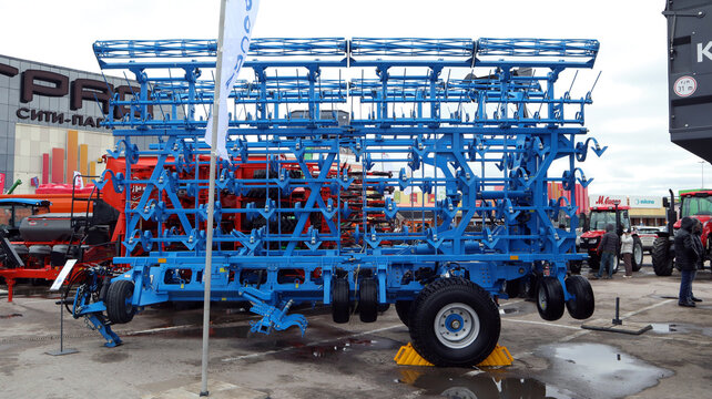 VORONEZH, Russia - March 5, 2025.Universal cultivator KBM on display at the agricultural machinery exhibition in spring showcasing innovative farming technology