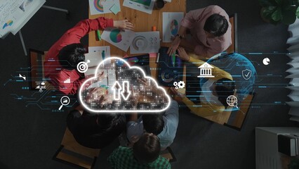 Engaging collaborative business meeting showcasing team interaction with digital cloud technology and data visualization tools in a modern office setting. Raster