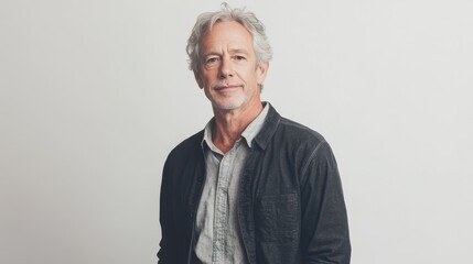 Confident Middle-Aged Man with Gray Hair in Casual Attire Against a Light Background