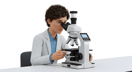 A scientist in a lab coat intently examines a sample through a microscope, studying.