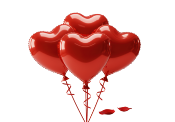 Three identical, glossy red heart foil balloons with ribbons, overlapping trio, red rose petal, transparent studio, diffused high-key light, 45-degree elevated. Concept of luxury and refined romance
