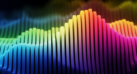Abstract rainbow colored bars arranged in a wavy pattern with dark background lighting effect created with generated ai