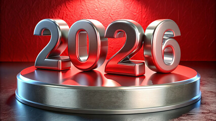 2026 Metallic Numbers on Red Platform with 3D Reflection in Modern Studio
