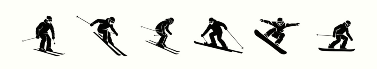 Skiers and Snowboarders in Winter Sports Action Silhouette