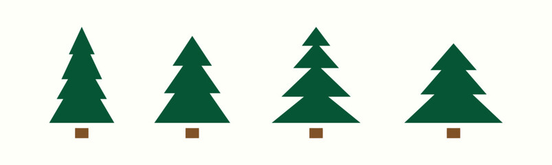 Four Evergreen Trees with Simple Geometric Shapes on White Background