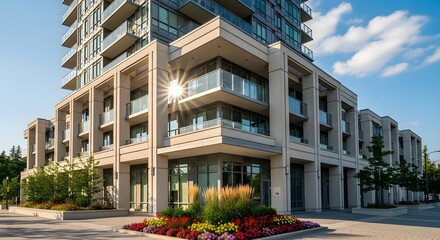 Fototapeta premium Modern apartment building corner facade with balconies and landscaping, sunny day.