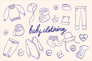 Collection of vector doodle style illustrations. Hand drawn objects perfect for patterns, package designs, social media and branding designs. Outline objects isolated on color background. 