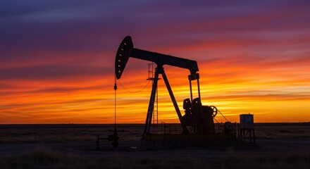 Fototapeta premium An Oil Pump Jack Silhouetted Against a Dramatic Sunset
