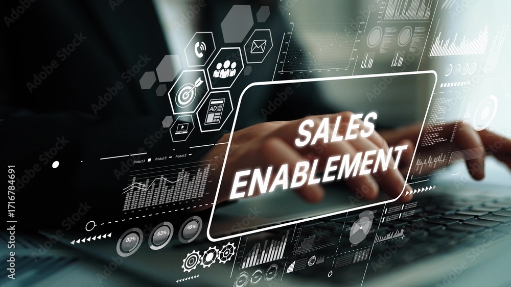 Poster professional hands engaging with digital interfaces for sales enablement strategy and data visualiza