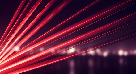 Abstract red laser beams converging in the distance on a dark background with bokeh lights effect created with generated ai
