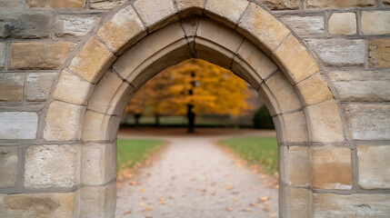 Fototapeta premium Stone Archway to Autumn Vista: A timeless stone arch frames a blurred path leading to a vibrant autumn tree in a serene outdoor setting.