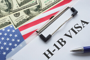 H-1B Visa is shown using the text and flag of USA with dollars. H1b visa for foreign workers