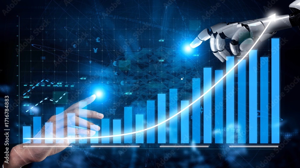 Poster a visual representation showcasing the interaction between a human hand and a robotic arm against a 