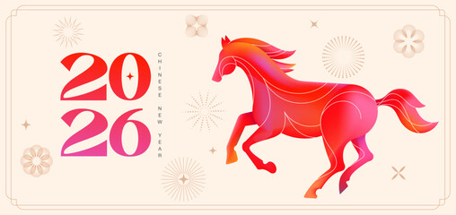 Obraz na płótnie Canvas Chinese new year 2026 year of the Horse. Modern Red Horse illustrations with color gradient. Traditional Chinese design for Lunar New Year