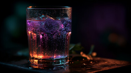 Colorful cocktail glass with ice cubes and bubbles