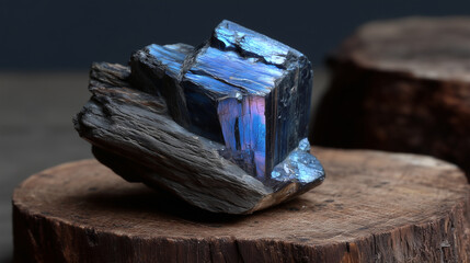Shiny blue crystal mineral on wooden surface