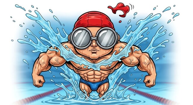 Muscular Cartoon Swimmer Performing Butterfly Stroke.
