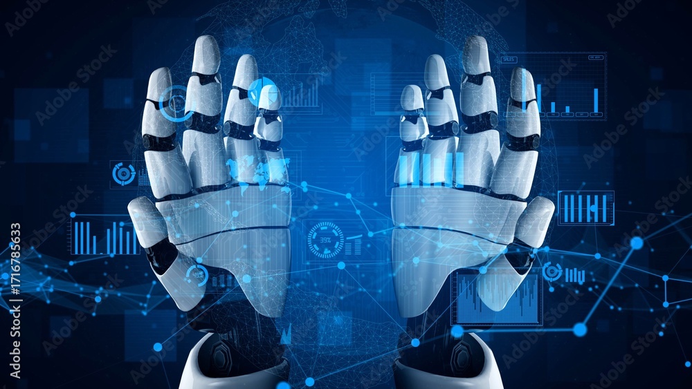 Poster explore the intersection of technology and innovation with this stunning image of robotic hands inte