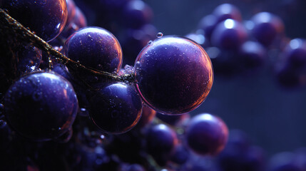 Macro view of shiny purple grapes with water droplets