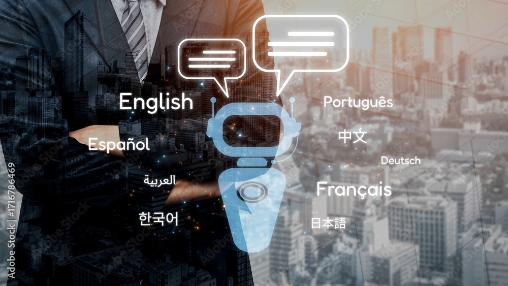 Poster global communication with multiple languages, digital translation tools, multilingual technology, cr