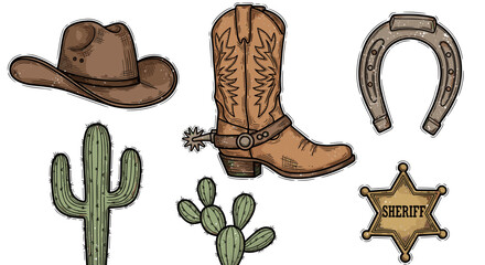 Vintage western cowboy elements including hat boot cactus horseshoe and sheriff badge