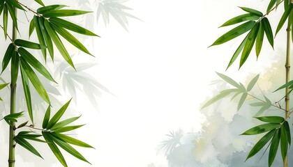 Obraz premium Lush green bamboo leaves frame a serene, misty background, showcasing detailed foliage and gentle watercolor tones.